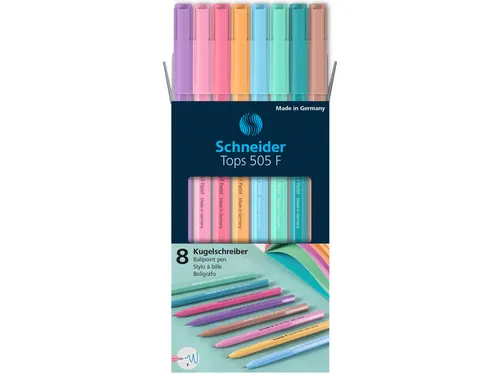 Balpen Schneider Tops 505 F set 8 stuks pastel, blauwschrijvend