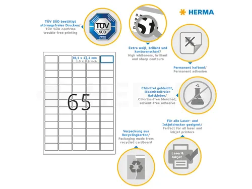 HERMA 4254 Premium Adresetiketten A4 38,1x21,2mm Wit 6500 stuks