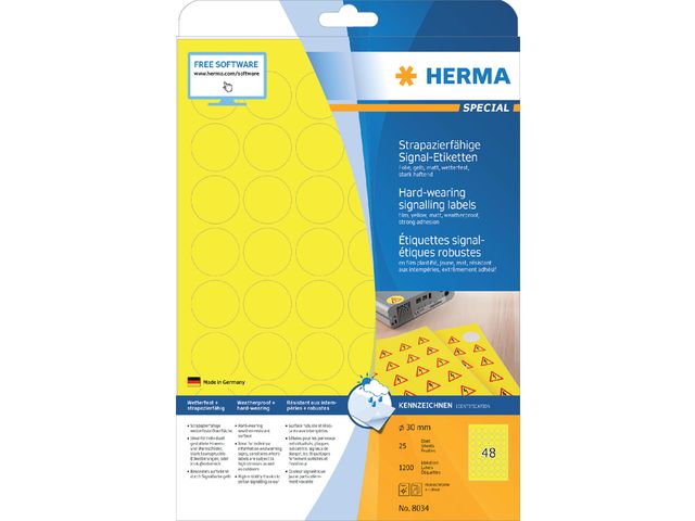 Etiket Herma 8034 Rond 30mm Weerbestendig Geel 1200 stuks | HermaLabels.nl