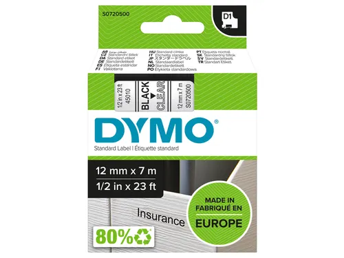 Labeltape Dymo 45010 D1 S720500 12mmx7m zwart op transparant