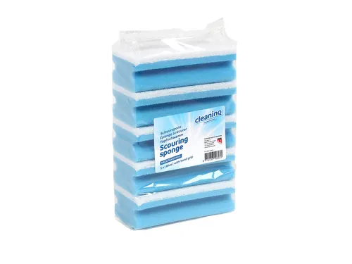 Schuurspons Cleaninq met greep 140x70x42mm blauw/wit 5 stuks