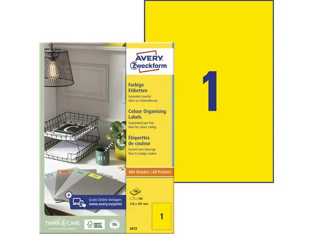 etiket Avery ILK 210x297mm 100 vel 1 etiket per vel geel