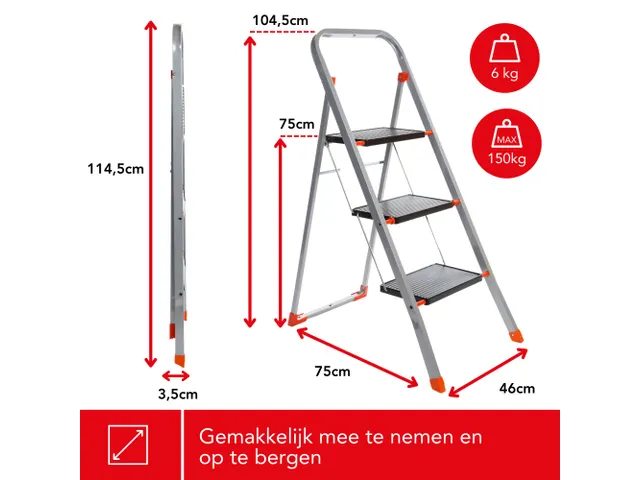 Huishoudtrap met hoge beugel 3 treden antislip inklapbaar tot 150 kg