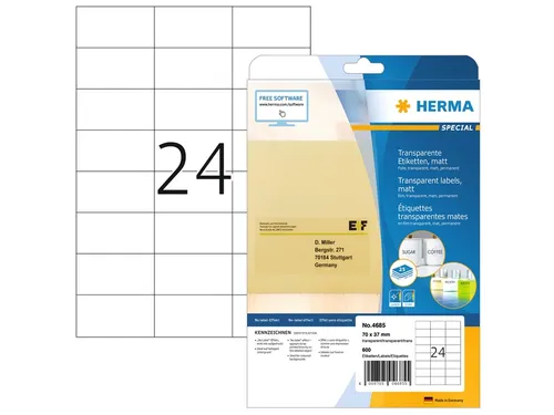 HERMA 4685 Transparante folie-etiketten Mat A4 70x37mm 600 stuks