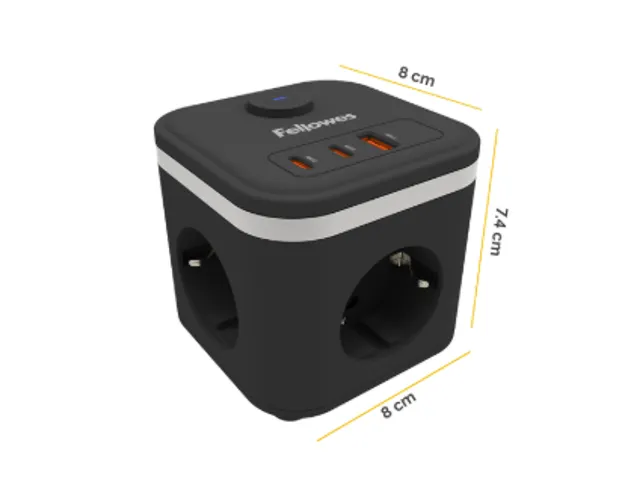 Stekkerblok Fellowes Power Cube F 3-voudig 1xUSB-A 2xUSB-C 2m zwart