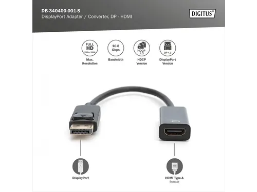 DisplayPort-adapterkabel Type DP HDMI A M/F 0,15m Full HD DP 1.1a Zwar