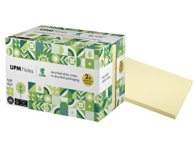 Sticky notes UPM recycled 125x75mm geel blok 100 vel, doos 8x blok