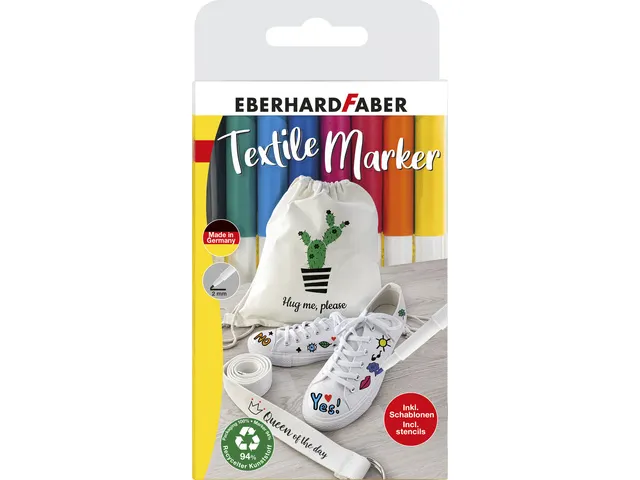 Textielmarker Eberhard Faber 8st. in etui incl. 4 stencils met sjablon