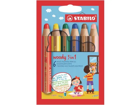 Kleurpotloden STABILO 880 woody 3 in 1 assorti etui à 6 stuks