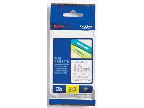 TZe tape voor P-Touch 12 mm, wit op transparant
