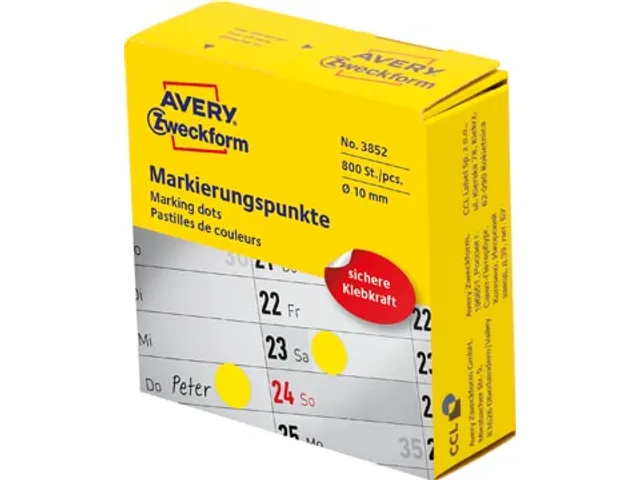 Avery marking dots, diameter 10mm, rol met 800 stuks, geel