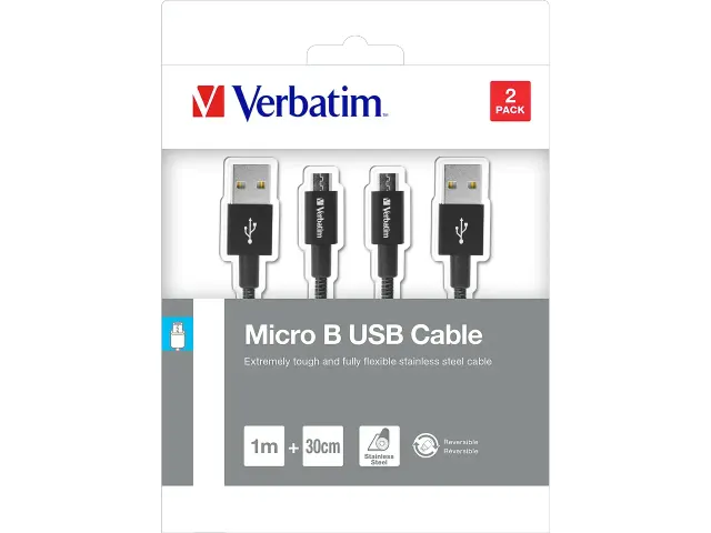 48875 VERBATIM Sync+Charge Kabel Micro USB-B 1m+0,30cm zwart 2 stuks