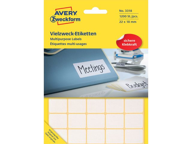 Etiket Avery Zweckform 3318 22x18mm wit 1200stuks | AveryEtiketten.nl