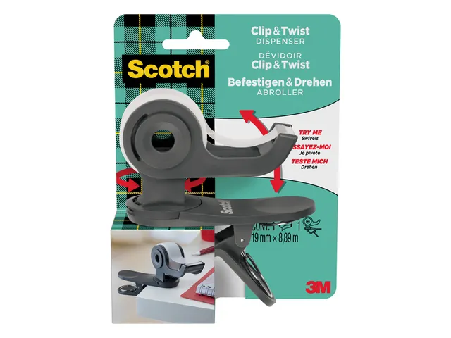 Plakbandhouder Scotch Clip C19 donkergrijs + 1 rol magic tape 19mmx8.8