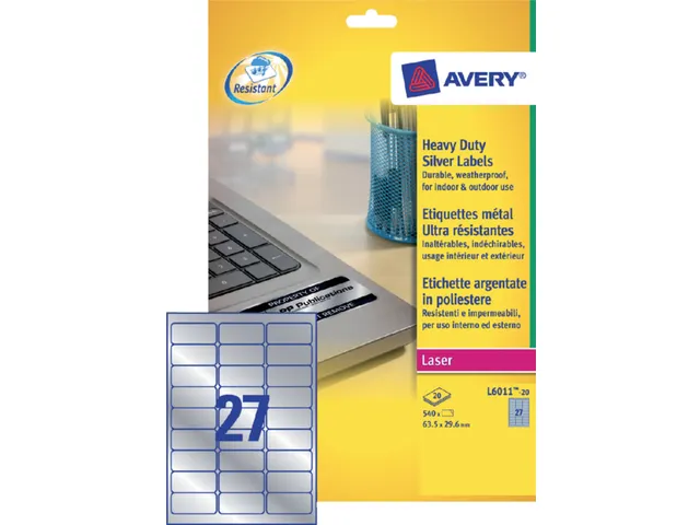 Étiquette Avery L6011-20 63.5x29.6mm Argent 540stuk