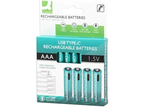 Q-CONNECT USB-C herlaadbare batterijen AAA, blister van 4 stuks