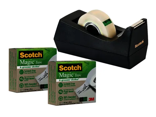 Plakbandhouder Scotch C38 recycled zwart + 3rol magic tape 900 19mmx33