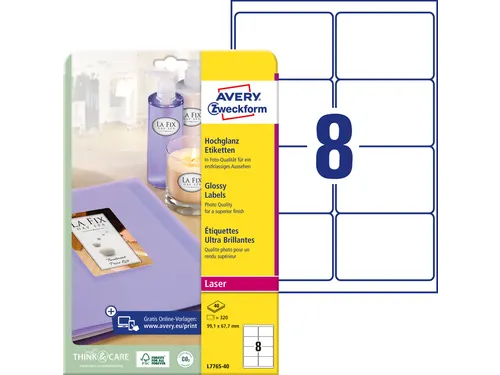 Etiket Avery L7765-40 99.1x 67.7mm hoogglans wit 320 stuks 40 vel