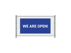 Hekwerkbanner 200x100 cm Blauw met Engelse Print We Are Open