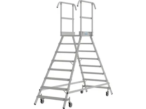 bordestrap,verrijdbaar,bordes H 1,95m,2x8treden,aluminium,4zwenkwielen
