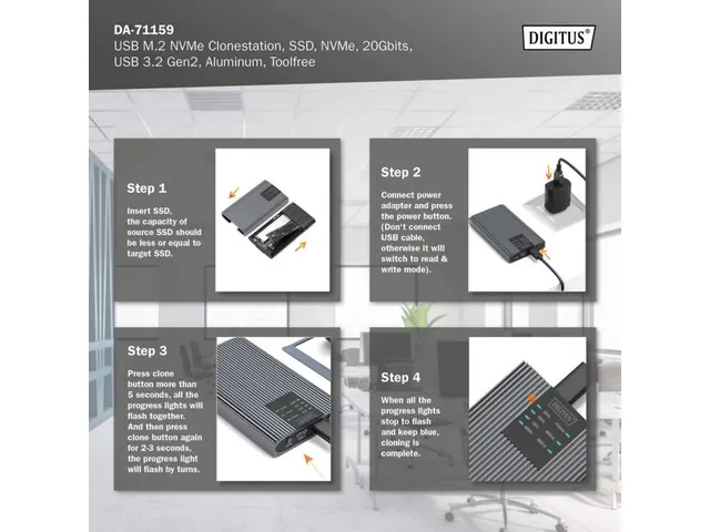 NVMe-kloonstation NVMe 20Gbits USB 3.2 Gen2 aluminium gereedschapsvrij
