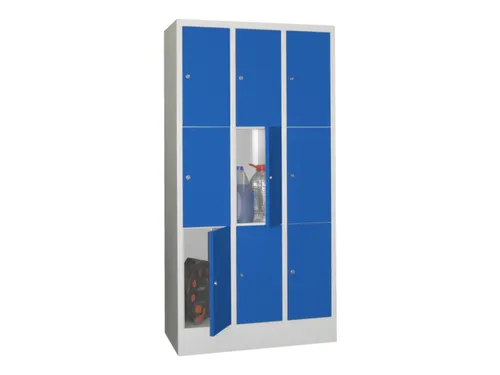 lockerkast,HxBxD 1850x900x500mm,3x3vakken,RAL7035,front RAL5010