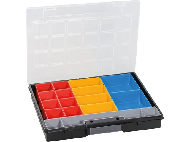 Bak voor kleine onderdelen,HxBxD 55x370x295mm,16bakken,PP,koffer zwart