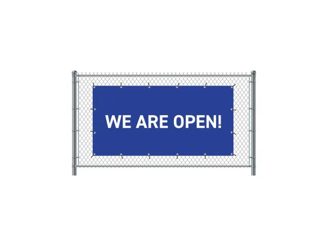 Hekwerkbanner 200x100 cm Blauw met Engelse Print We Are Open