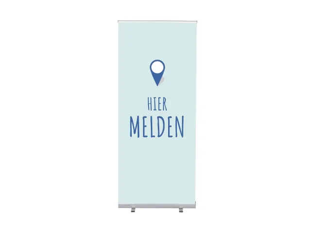 Roll-Banner 85x200 complete set met print "Hier Melden" Blauw