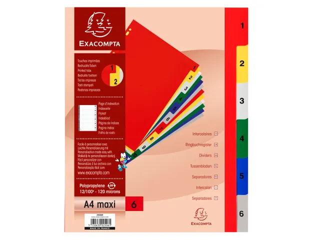 Tabbladen A4 Assorti PP 0.12mm 6-delig 1-6 Bedrukt 11-Gaats