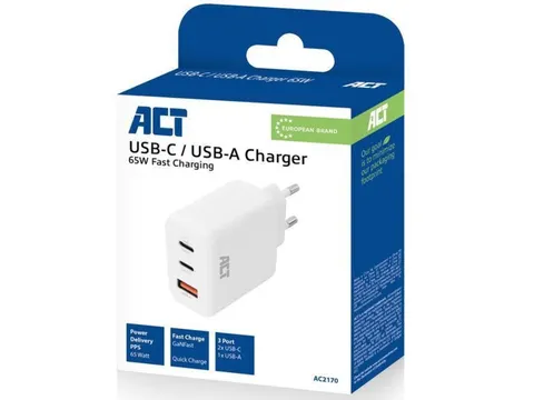 Oplader ACT 65W 3-poorts USB-C USB-A PD QC Ganfast