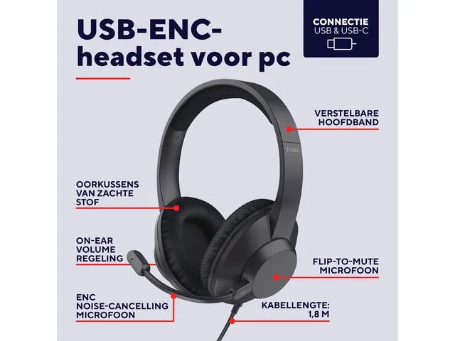 Trust Ayda Max USB-headset met ENC Bedrade hoofdtelefoon Zwart