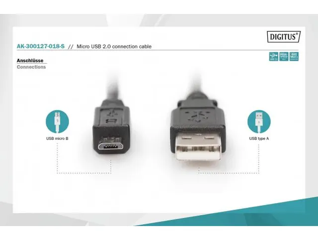 USB-aansluitkabel A - micro B mannelijk/mannelijk 1,8m 2.0 compatibel