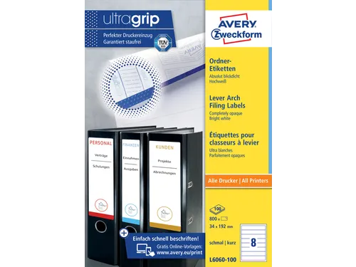 Rugetiket Avery Zweckform smal 192x34mm Wit L6060 800 stuks