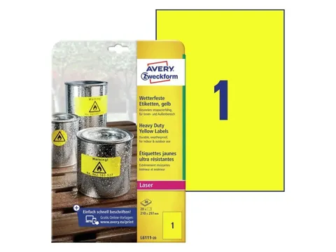 Avery Zweckform Ultra sterk etiket L6111-20 210x297mm Geel 20 stuks