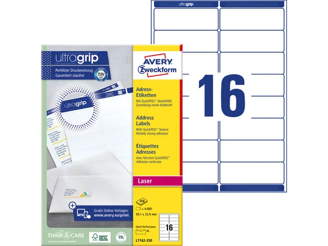 Adresetiket Avery QuickPeel L7162-250 99.1x33.9mm Wit 4000 Stuks