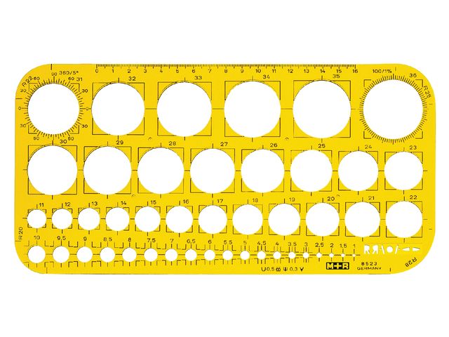 Sjabloon M+R 852306 cirkels 1-36mm transparant geel | Tekensjablonen.be