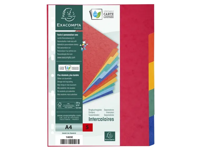 Tabbladen glanskarton 225g 5-delig A4 Assorti