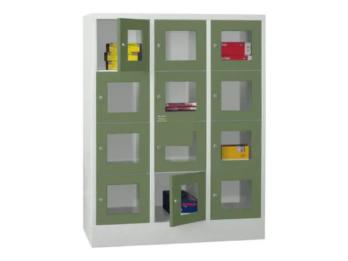lockerkast,HxBxD 1518x1200x500mm,3x4vakken,RAL7035,front RAL6011