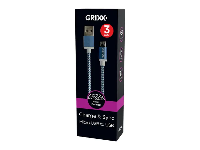 Kabel Grixx Micro USB naar USB-A 3m blauw Wit