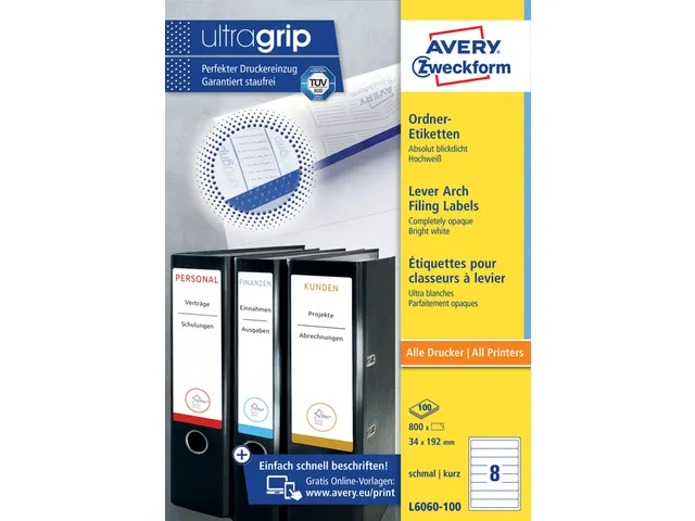 Rugetiket Avery Zweckform smal 192x34mm Wit L6060 800 stuks