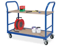 tafelwagen,draagverm. 250kg,2xhouten plaat,RAL5010,rubber-banden