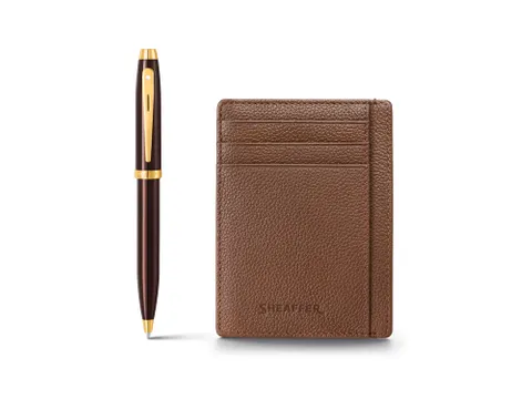 Balpen giftset Sheaffer 100 9370 glossy brown gold tone met creditcard