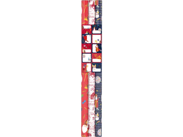 Inpakpapier Sint 200x70cm set à 3 rollen + stickervel met 10 etikette