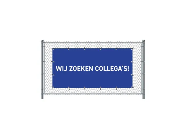 Hekwerkbanner 200x100 cm Blauw met Print Wij zoeken collega's