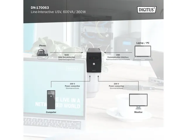 Digitus Line-Interactive UPS 600 VA/360W 2V/7Ah x 1 batterij LED
