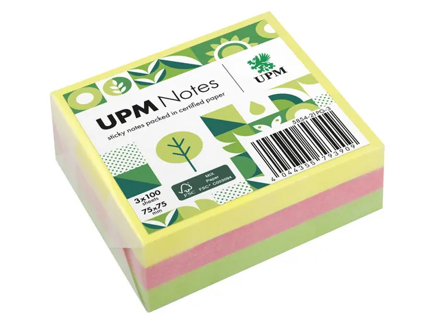 Notes UPM 75x75mm Assorit Jaune Rose Vert Paquet 3x 100 feuilles