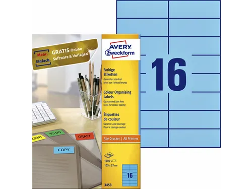 Gekleurde Etiketten Avery Zweckform 105x37mm Blauw 1600 stuks