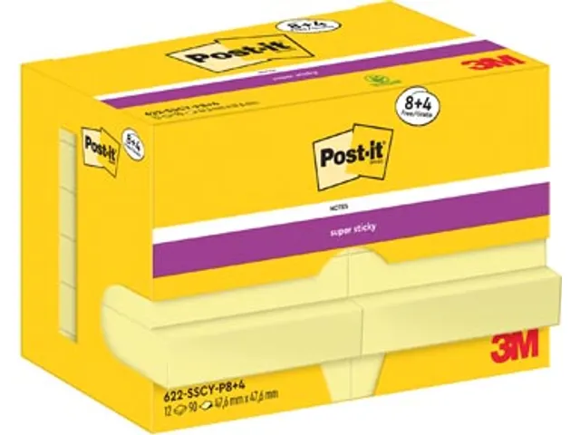 Post-it Super Sticky Notes Geel 47.6x47.6mm 90 Vellen/Blok 8+4 Gratis