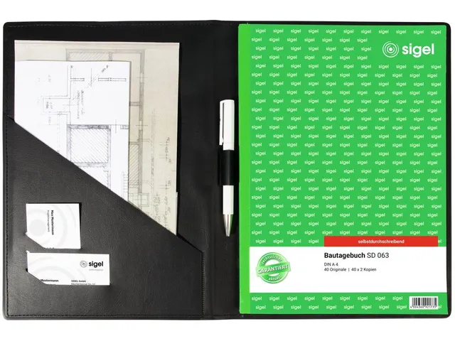 Schrijfmap Sigel A4 lederlook zwart met penvak, insteekvak en blokhoud